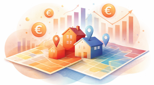 Ilustración conceptual abstracta sobre la comparación de precios inmobiliarios por metro cuadrado