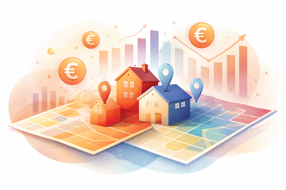 Ilustración conceptual abstracta sobre la comparación de precios inmobiliarios por metro cuadrado