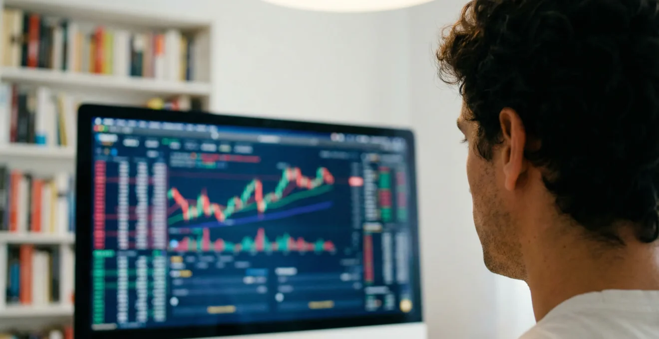 Vista over-shoulder de persona analizando gráficos de precios inmobiliarios en pantalla