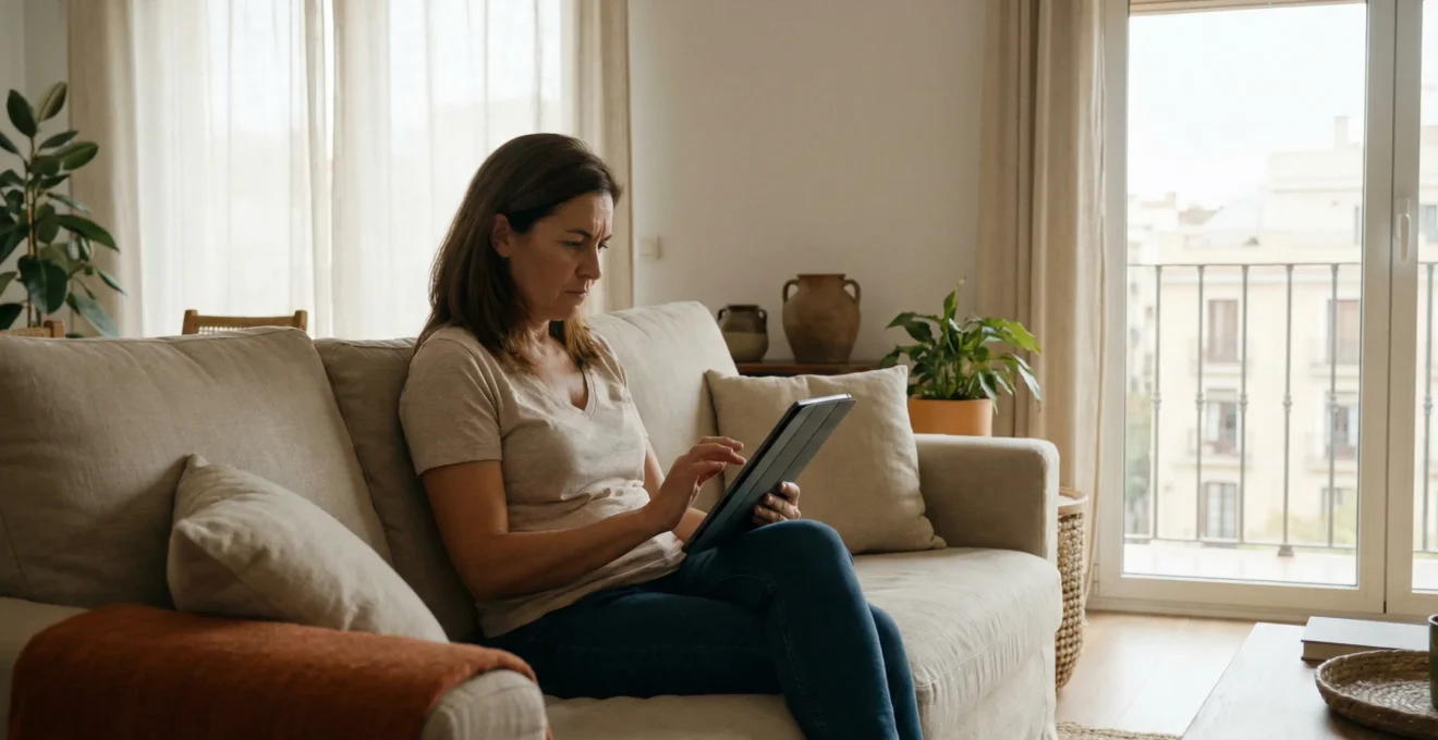 Propietaria consultando valoración inmobiliaria en tablet en salón madrileño