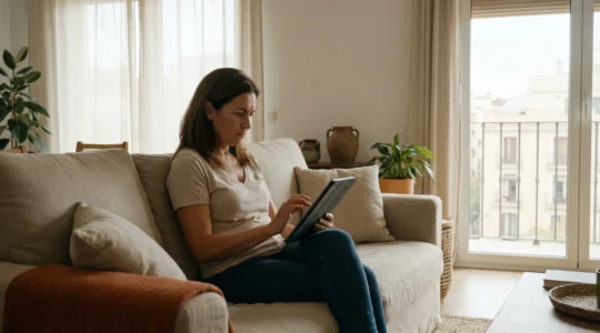 Propietaria consultando valoración inmobiliaria en tablet en salón madrileño