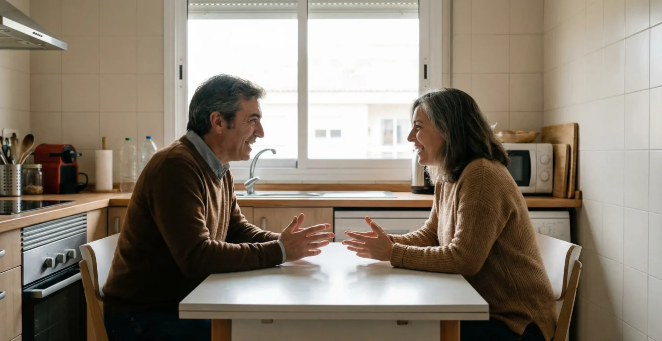 Pareja de mediana edad conversando sobre decisiones inmobiliarias en cocina moderna