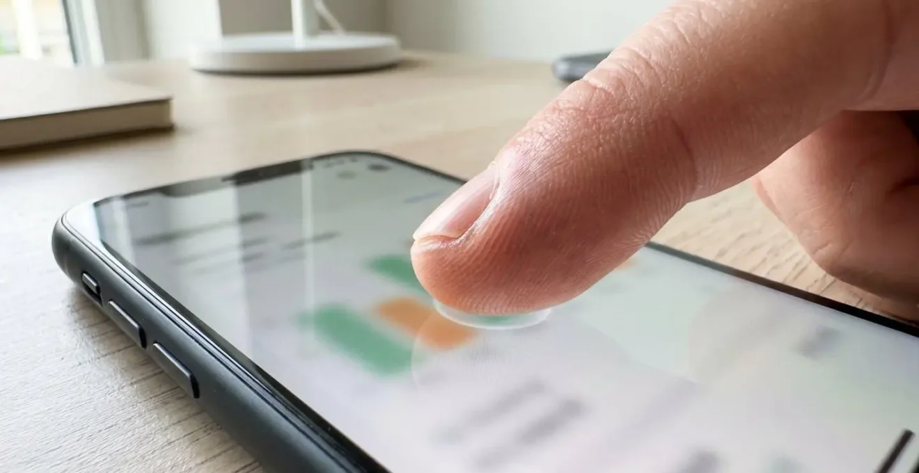Plano detalle extremo de mano tocando pantalla de smartphone mostrando interfaz borrosa de aplicación inmobiliaria con efecto bokeh en el fondo