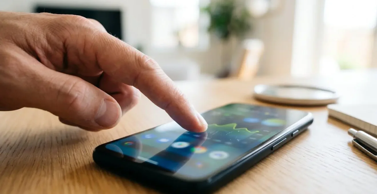 Plano detalle extremo de mano tocando pantalla de smartphone mostrando interfaz borrosa de aplicación inmobiliaria con efecto bokeh en el fondo