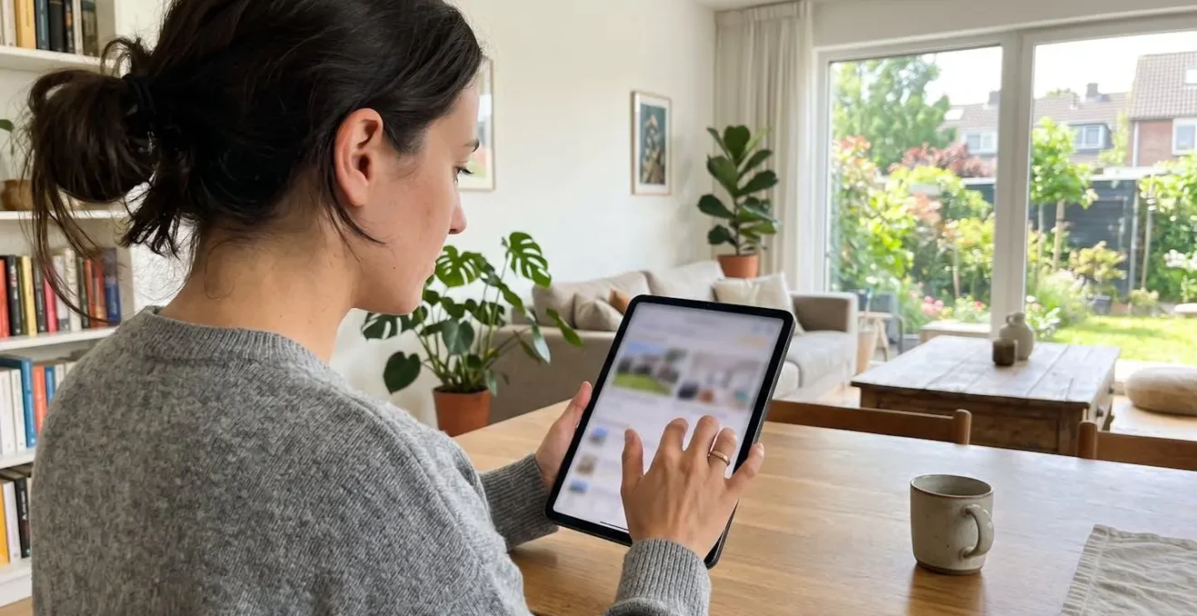 Vista sobre el hombro de una persona consultando una interfaz de valoración inmobiliaria en tableta con la pantalla completamente difuminada en un interior moderno