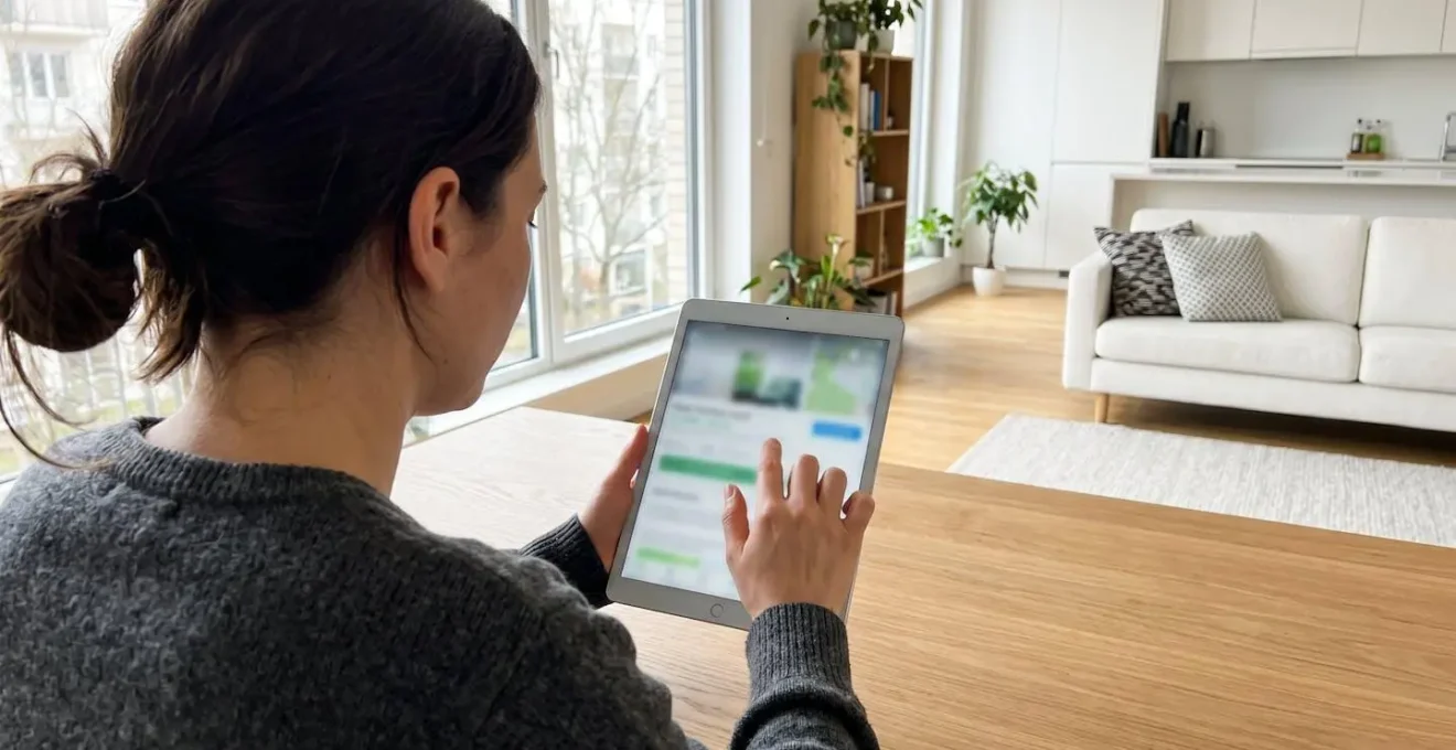 Vista sobre el hombro de una persona consultando una interfaz de valoración inmobiliaria en tableta con la pantalla completamente difuminada en un interior moderno