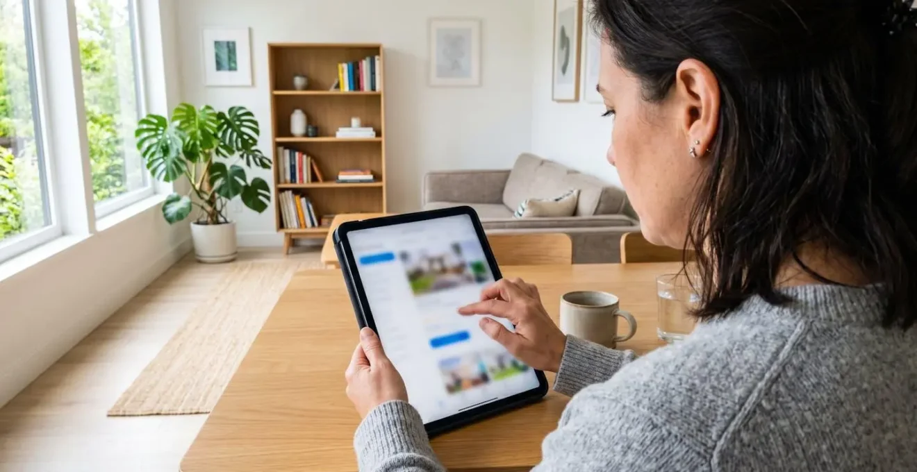 Vista sobre el hombro de una persona consultando una interfaz de valoración inmobiliaria en tableta con la pantalla completamente difuminada en un interior moderno