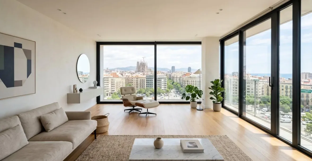 Salón contemporáneo español vacío con amplio ventanal mostrando el skyline urbano bajo luz natural del día