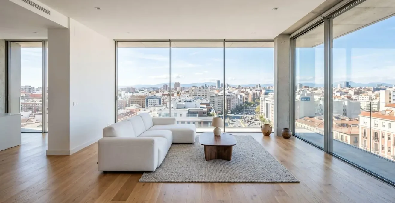Salón contemporáneo español vacío con amplio ventanal mostrando el skyline urbano bajo luz natural del día