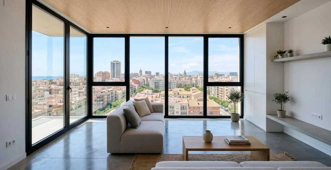 Salón contemporáneo español vacío con amplio ventanal mostrando el skyline urbano bajo luz natural del día